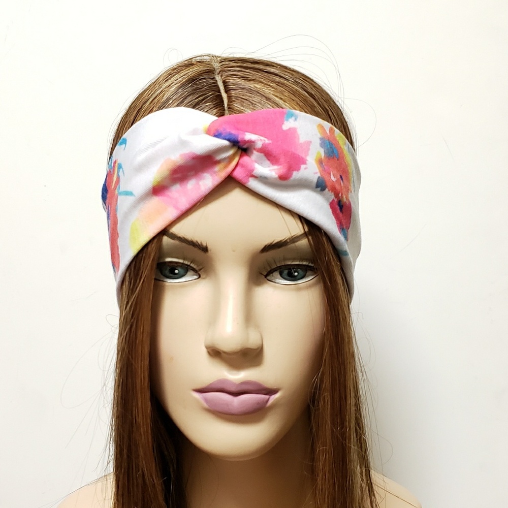White Floral Print Turban Headband, Cute Headbands